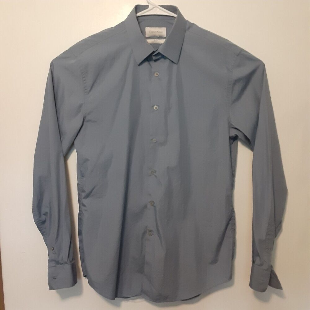 Calvin Klein Button Down Shirt Mens 15.5-34/35 Blue Long Sleeve Slim Fit